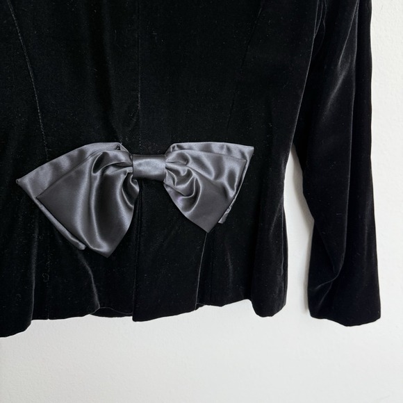 Vintage 80s Black Velvet Jacket Womens 10 Satin Bow Back Whimsigoth Formal Prep - Picture 4 of 8
